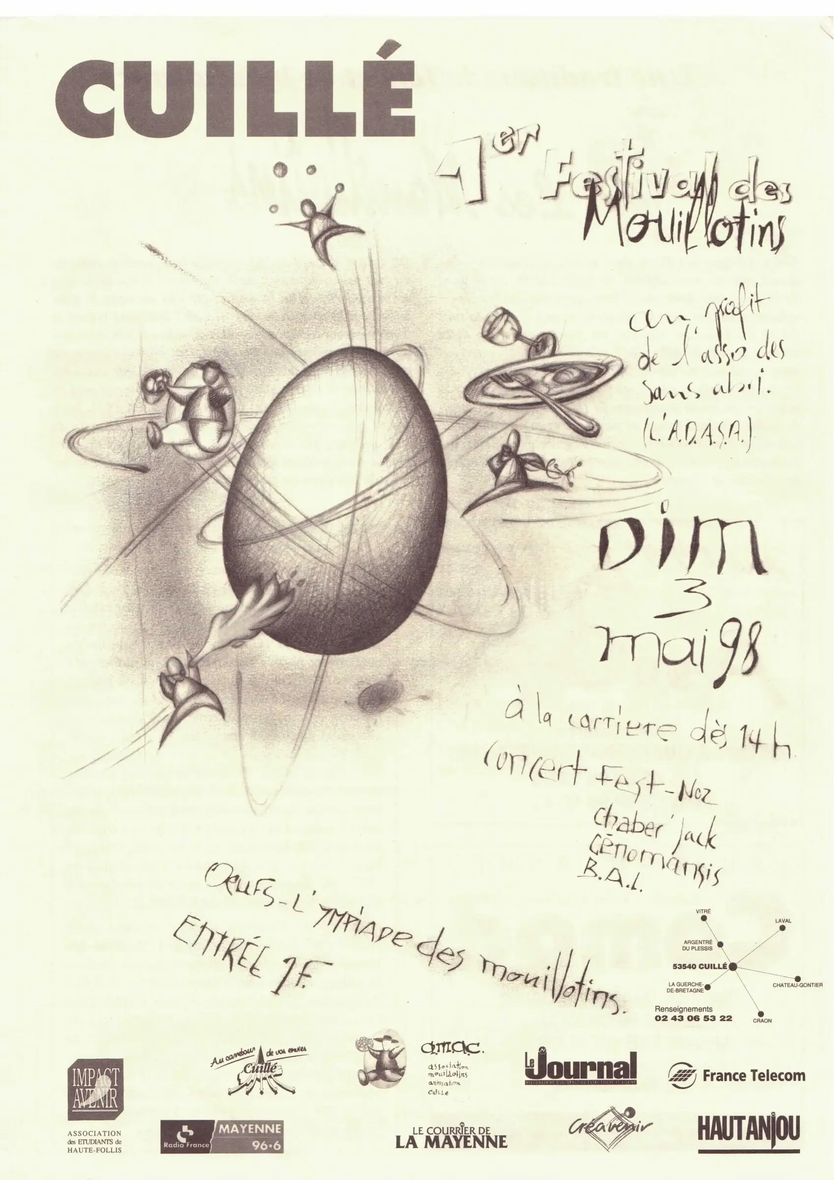 Affiche du premier festival des Mouillotins, dimanche 3 mai 1998 à Cuillé