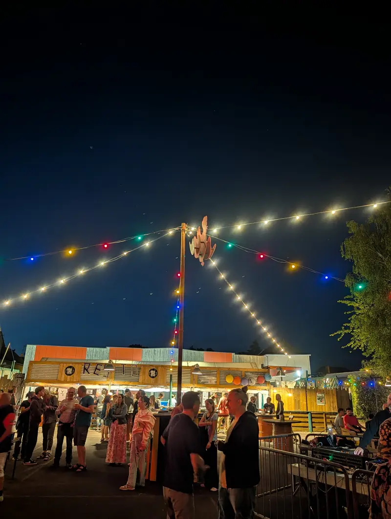 Les guirlandes lumineuses au-dessus de la guinguette, de nuit - photo Alexandre Audebeau
