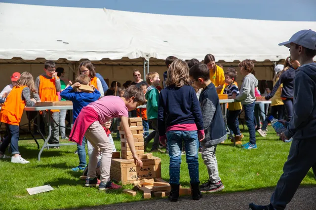 Une tour de blocs en bois géante - photo AMAC / Les Mouillotins