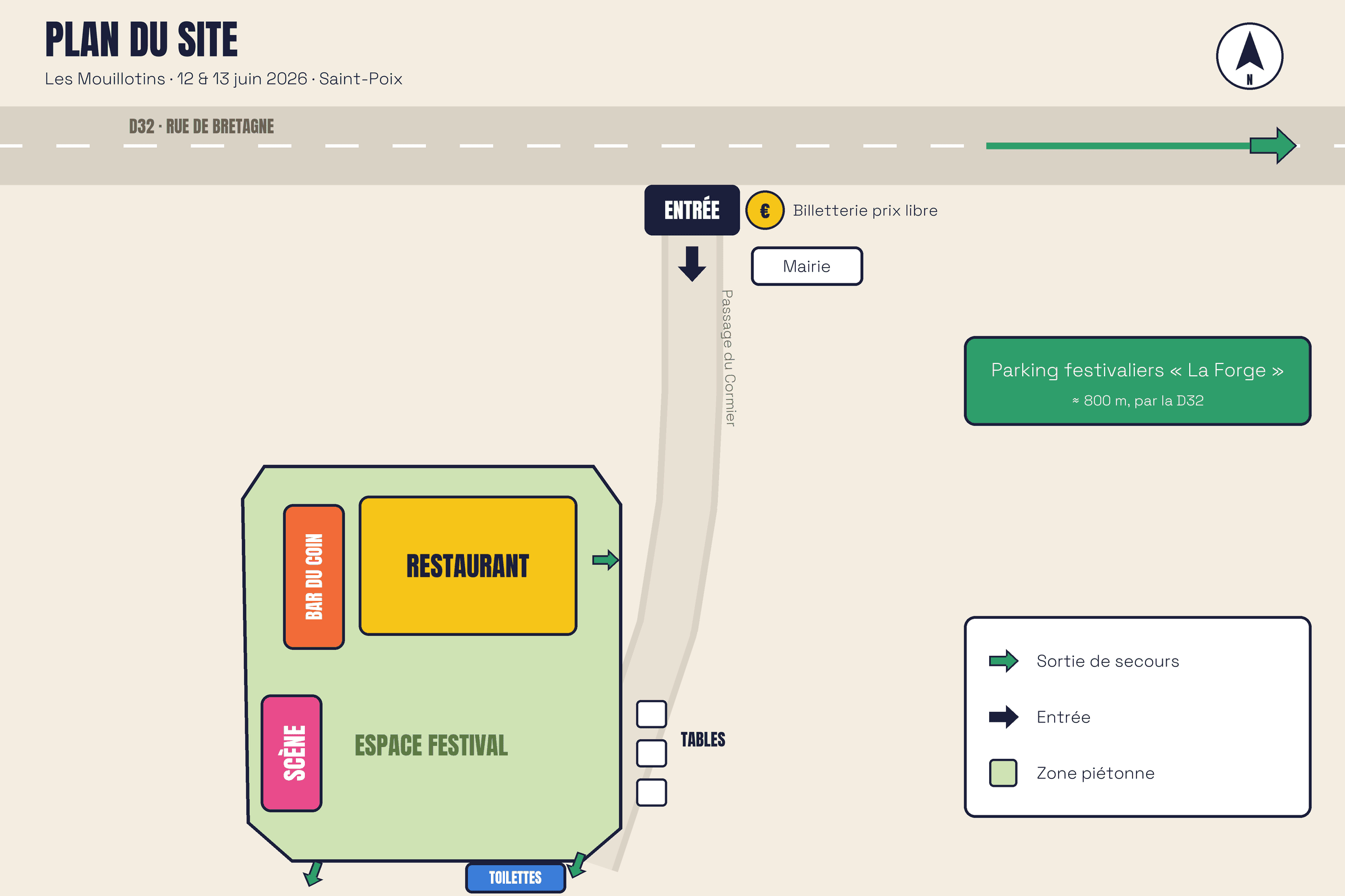 Plan du site du festival Les Mouillotins 2026 à Saint-Poix : entrée, scène, bar, restaurant, toilettes et parking