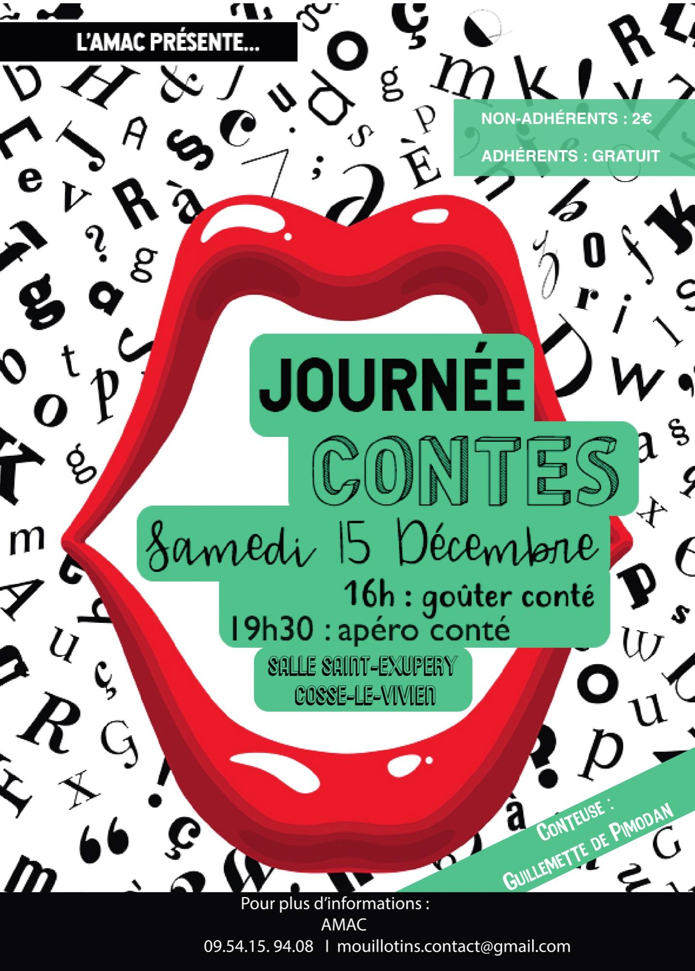 Affiche de la Journée contes du samedi 15 décembre 2018 à la salle Saint-Exupéry de Cossé-le-Vivien