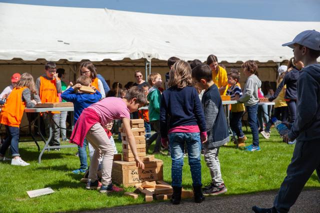 Une tour de blocs en bois géante - photo AMAC / Les Mouillotins