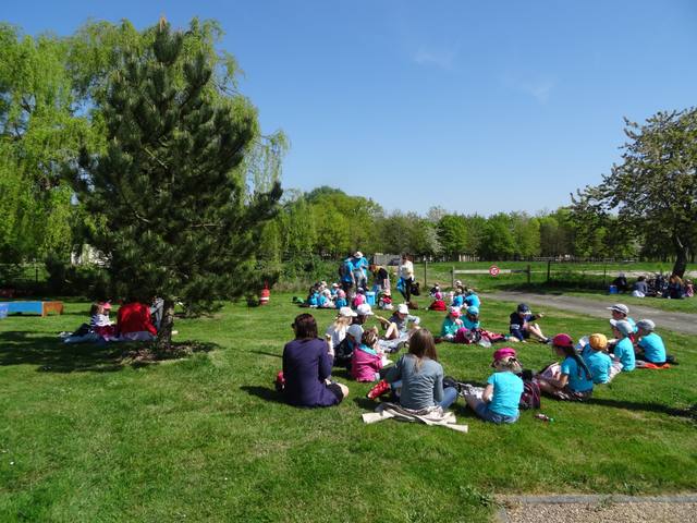 Pique-nique des groupes d'enfants sur l'herbe à l'heure du déjeuner - photo AMAC / Les Mouillotins