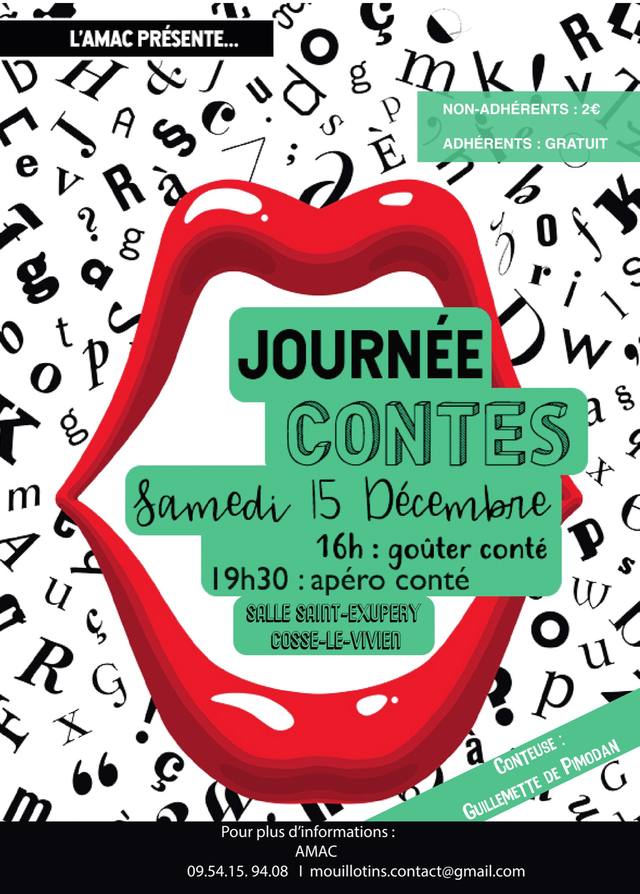 Poster for the storytelling day on Saturday 15 December 2018 at the Salle Saint-Exupéry in Cossé-le-Vivien