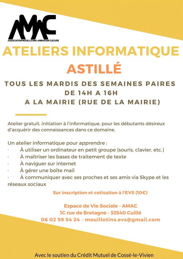 Poster for the AMAC computer workshops at Astillé town hall