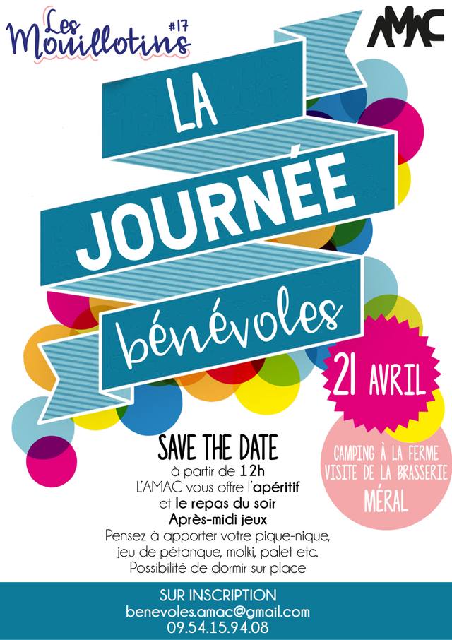 Poster for the Les Mouillotins #17 volunteers day at the Méral farm campsite