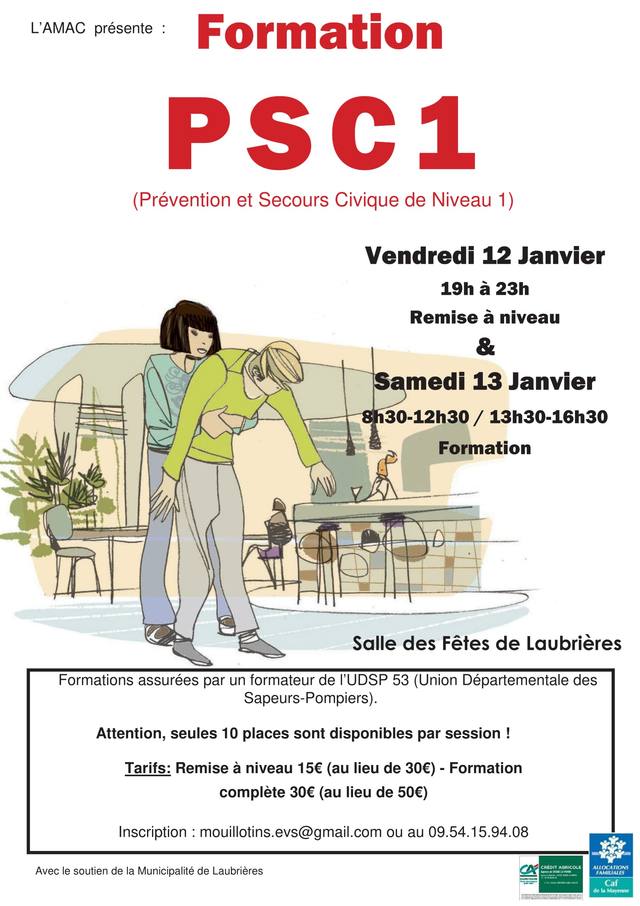 Poster for the PSC1 first-aid training run by AMAC in Laubrières