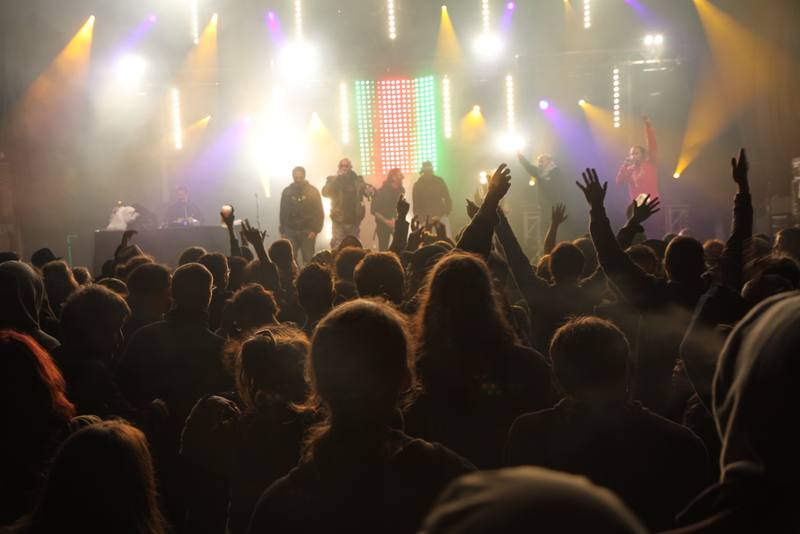 Le public mains levées devant la scène illuminée - photo AMAC / Les Mouillotins